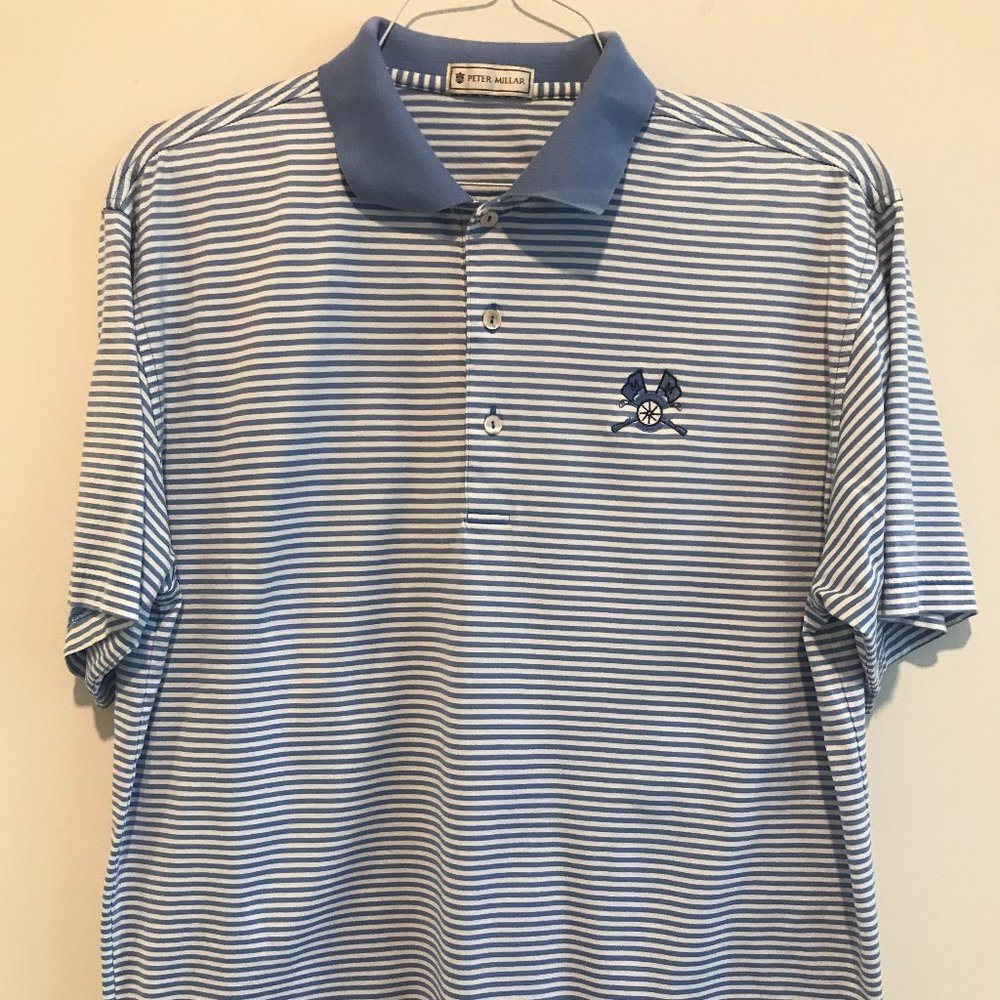 Peter Millar medium blue & white M M logo golf polo